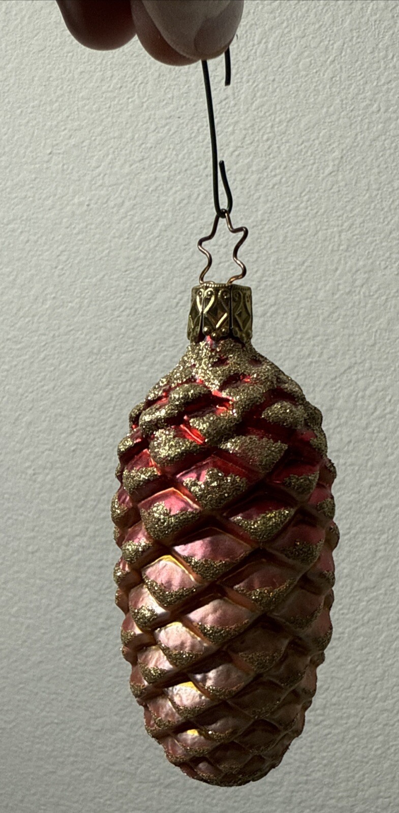 VINTAGE Red Gold Glitter PINECONE 4.5” GLASS CHRISTMAS ORNAMENT Made In Germany