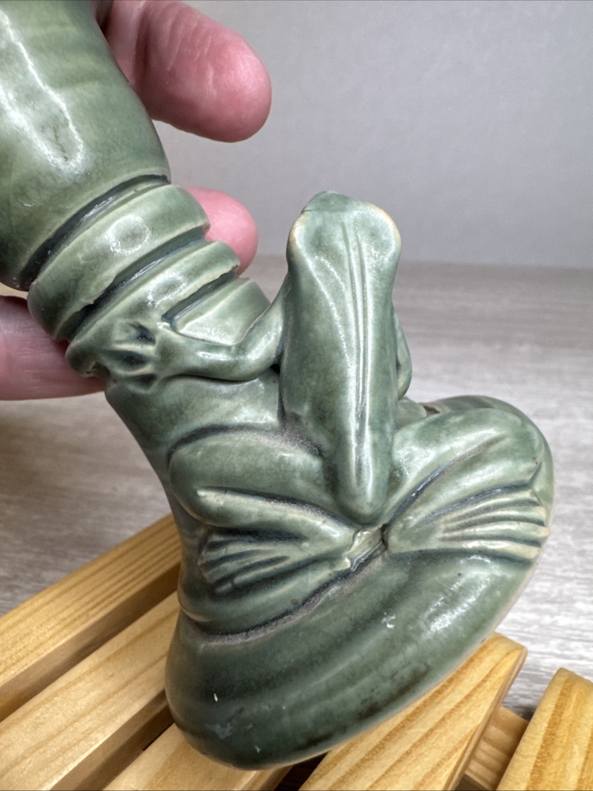 Frog Candlestick Indonesian Pottery Matte Green Glaze Toad