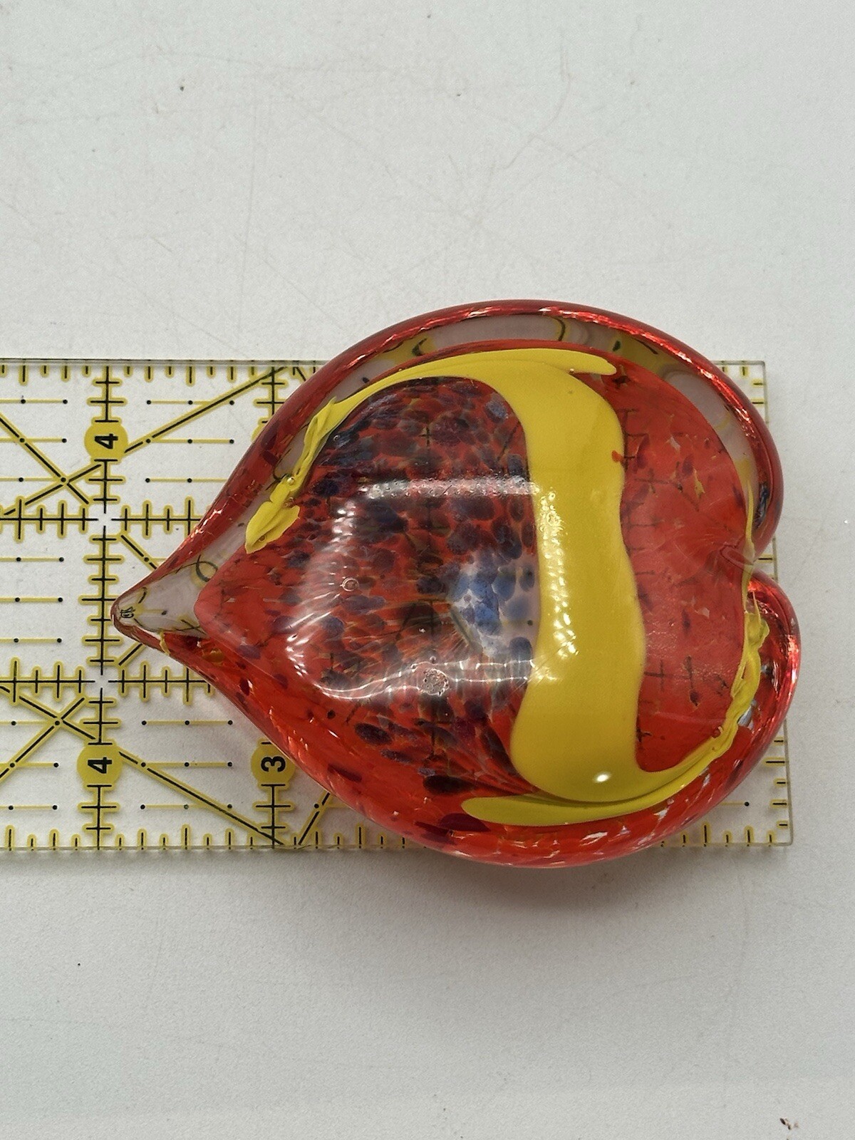 Art Glass Blown Paperweight Heart Shaped Orange And Yellow Clear Cased