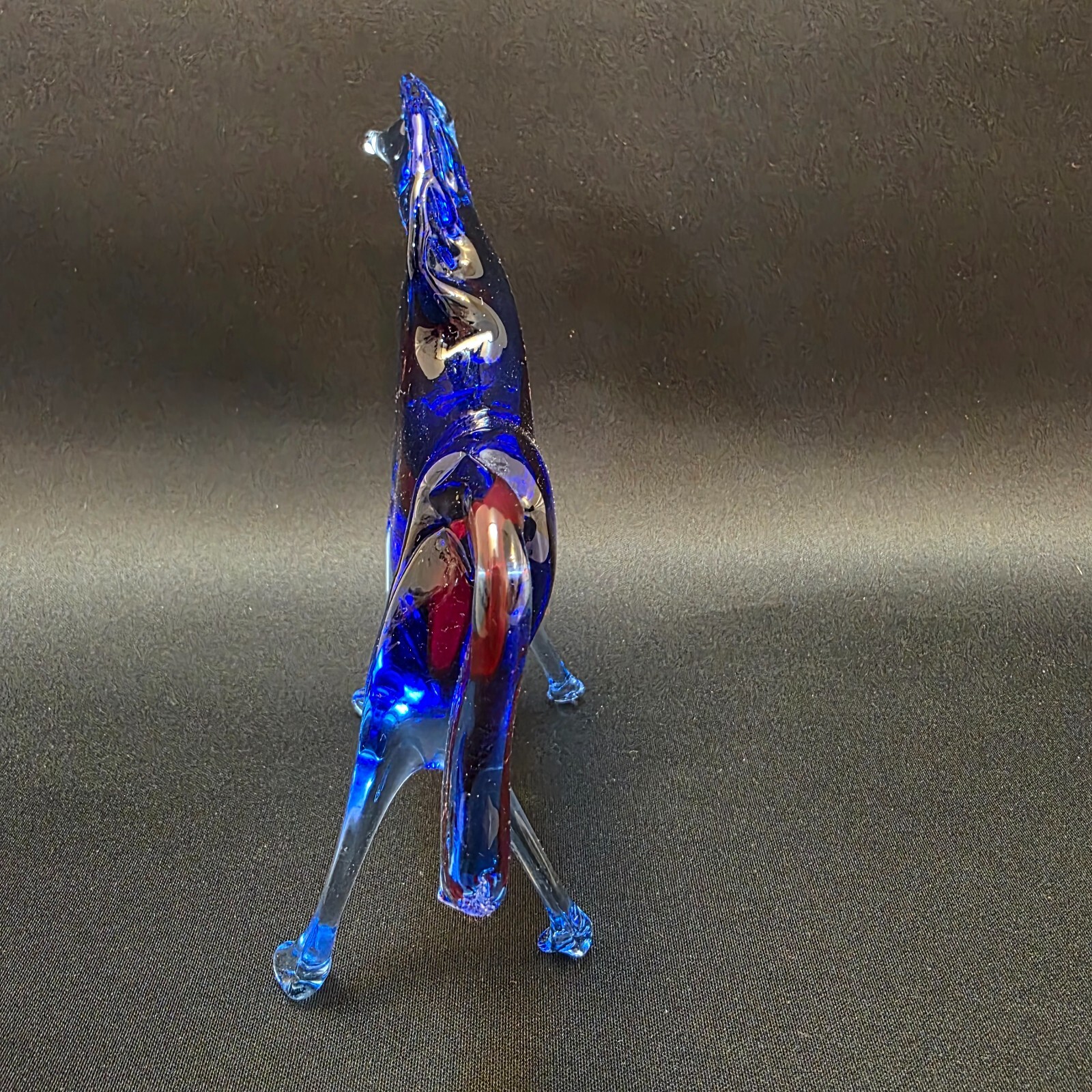Murano Figure Horse Hand Blown Clear Glass blue red Stripe 6 inches Vintage