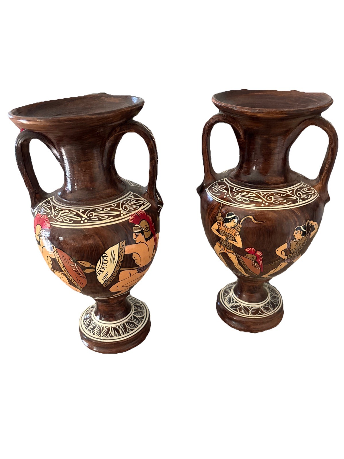 Vintage Mid-Century Greek Art Pottery 9.5” Vase Set Amphora Shaped Wood Glazed