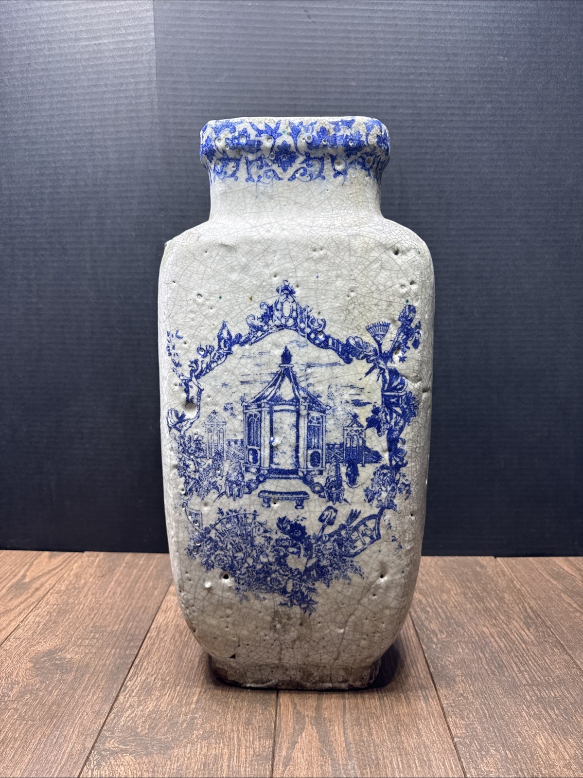Large 19th Century Blue And White Asian Crackle Glaze Pottery Vase