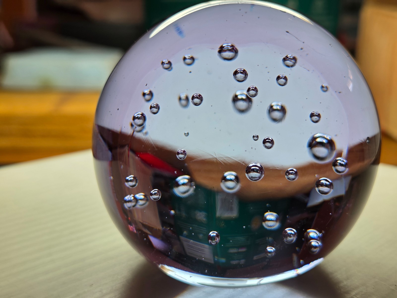 VTG 2.5in Handblown Art Glass Orb Paperweight LAVENDR Bubble Burst Tempe AZ -USA