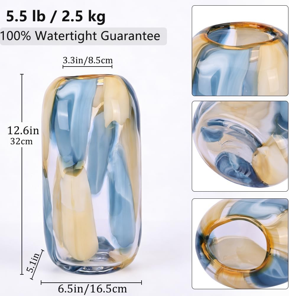 Hand Blown Blue Glass Vase – 12.6″ Decorative Centerpiece for Home Decor