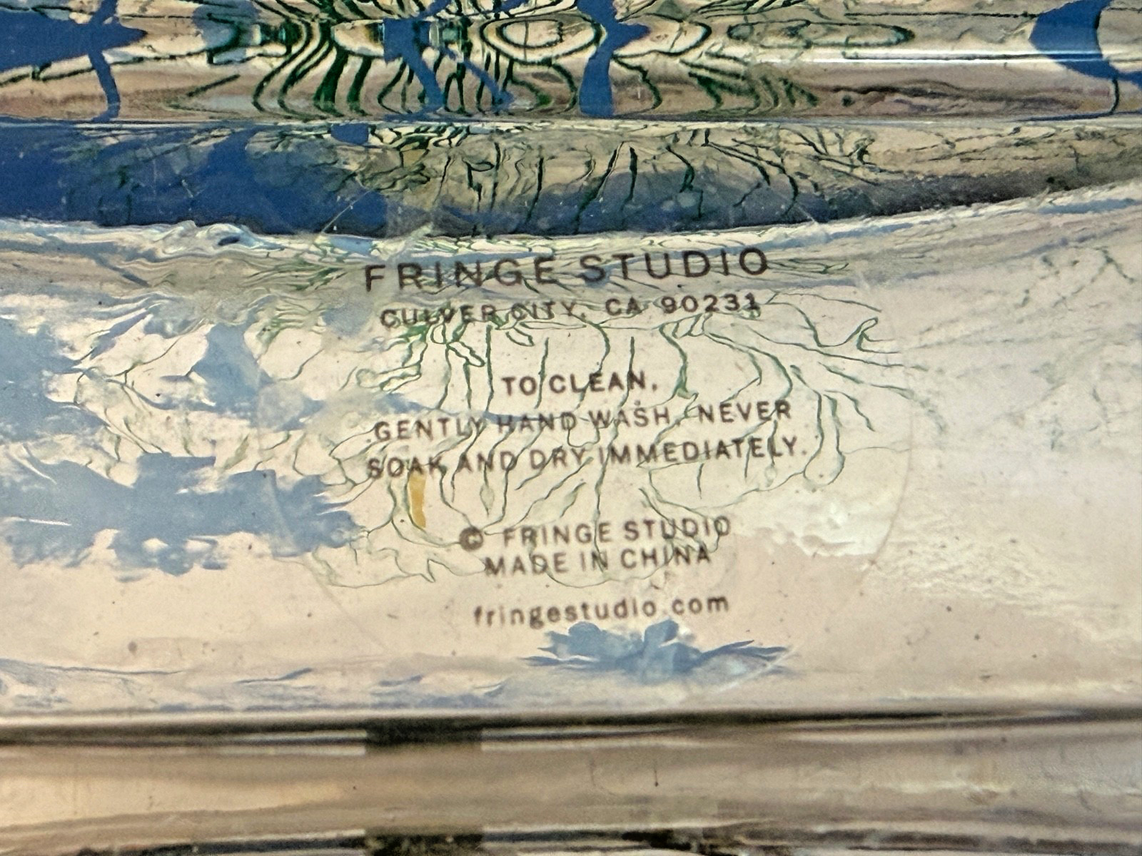 Vintage Art Glass Vase w Painting of Bird & Nest and Calligraphy. Fringe Studio
