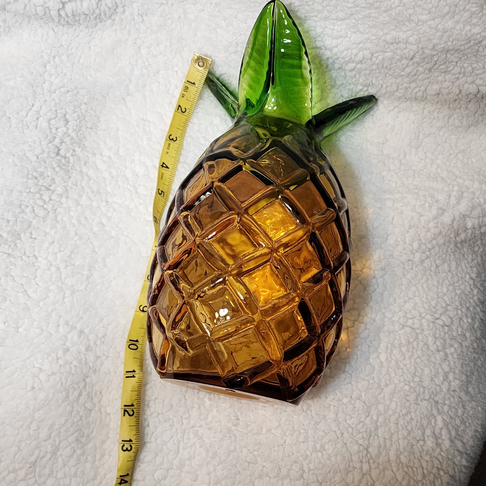 Murano Style Pineapple Vase. Hand Blown Glass Amber and Green 11.5 Inches Tall