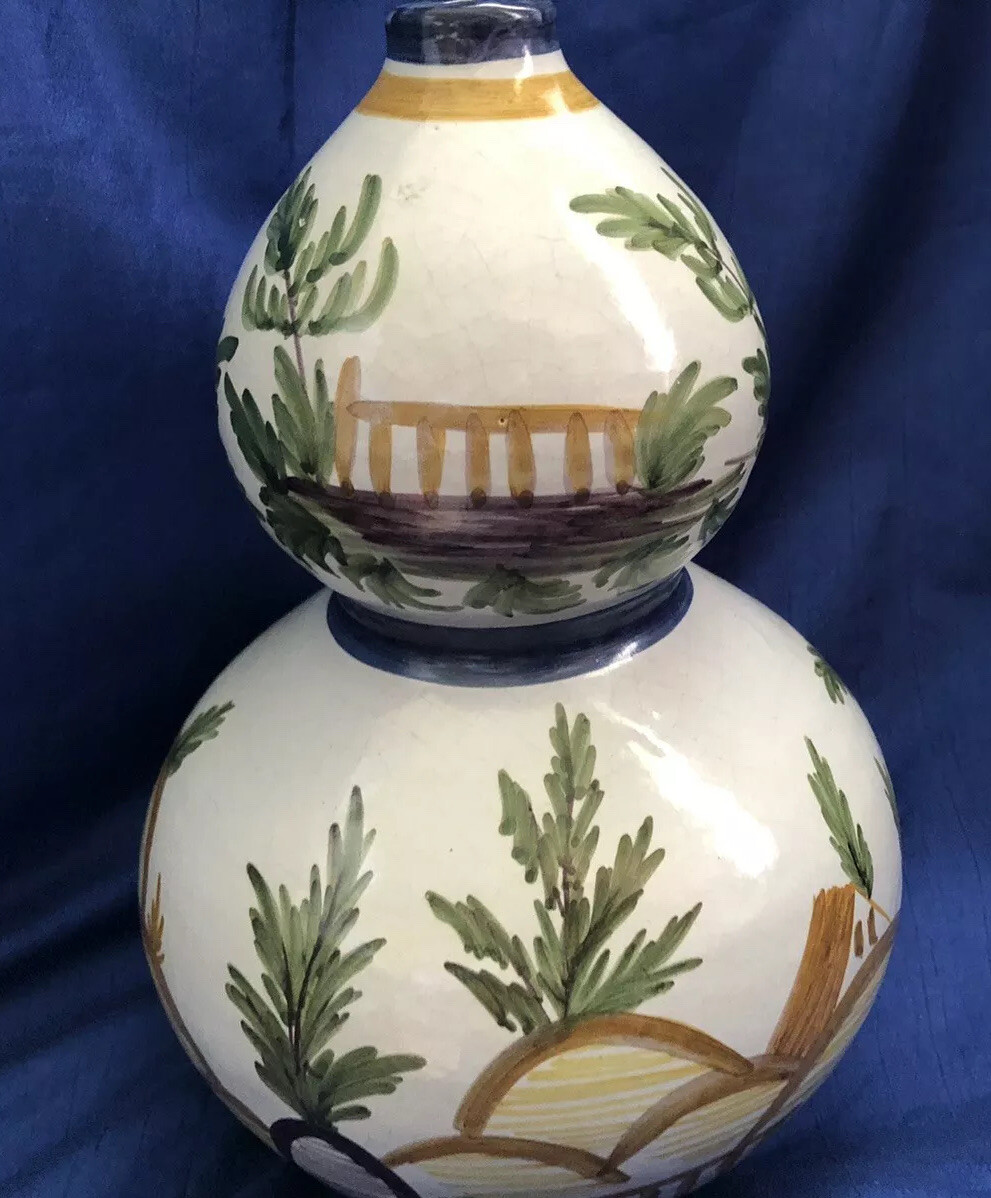 Handpainted Double Gourd Vase Marked Artist Signed Made in Portugal Vintage