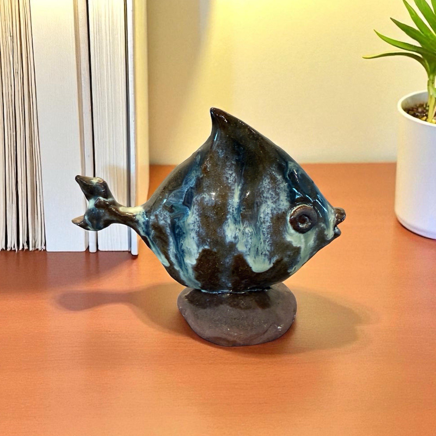 Vintage Hand Thrown Stoneware Art Pottery Decorative Fish Statue Signed 1993
