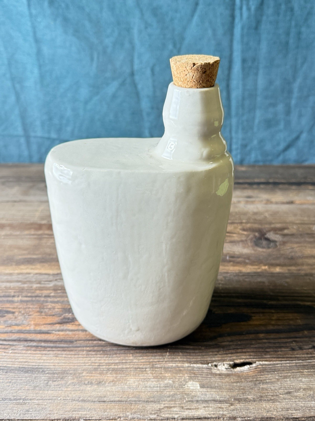 Vintage Hand-Thrown Studio Pottery Canteen Flask Off-Set Neck Cream Glaze 8″