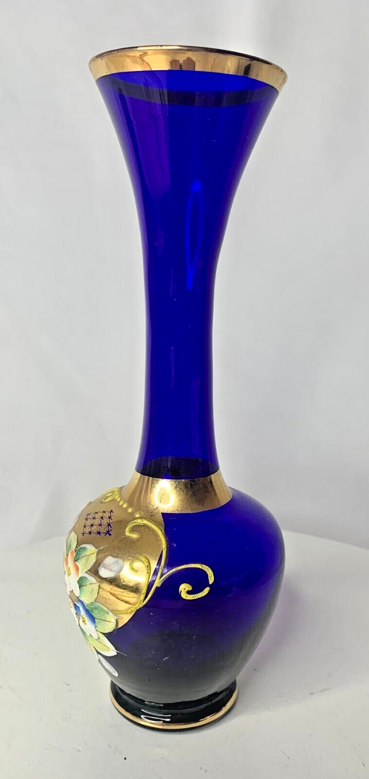 VTG BOHEMIAN MOSER STYLE GLASS Enamel HandPainted Blue Gold Floral BudVase Japan