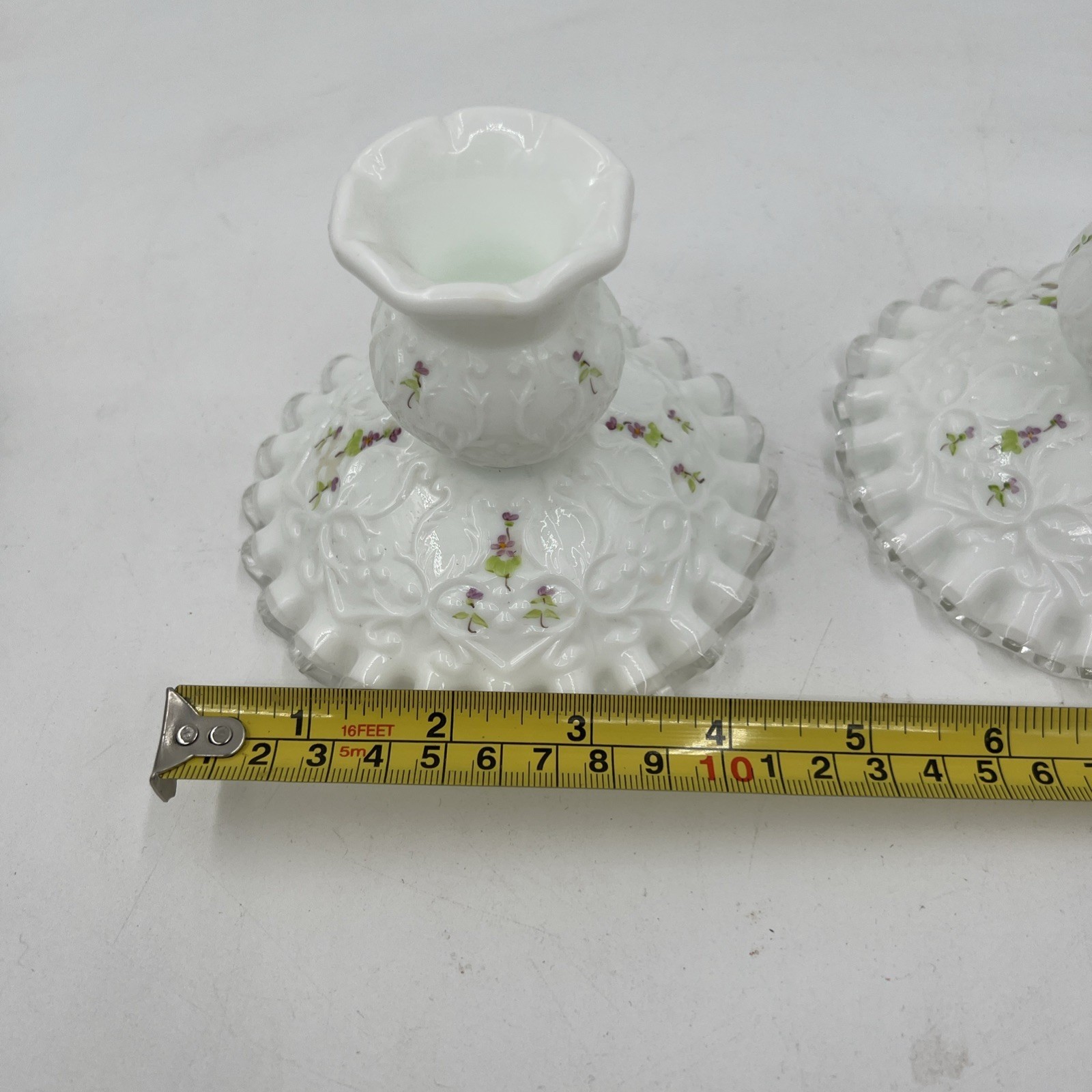 Vtg Fenton Violets in the Snow Silver Crest Candlesticks Pair HandPainted Signed