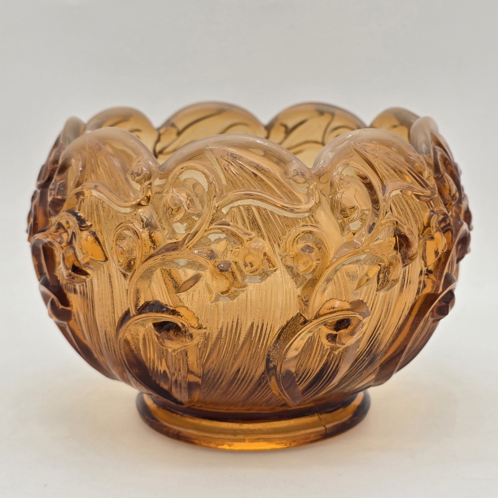 Fenton Glass Lily Of The Valley Rose Bowl Opalescent Amber Vintage Art Glass