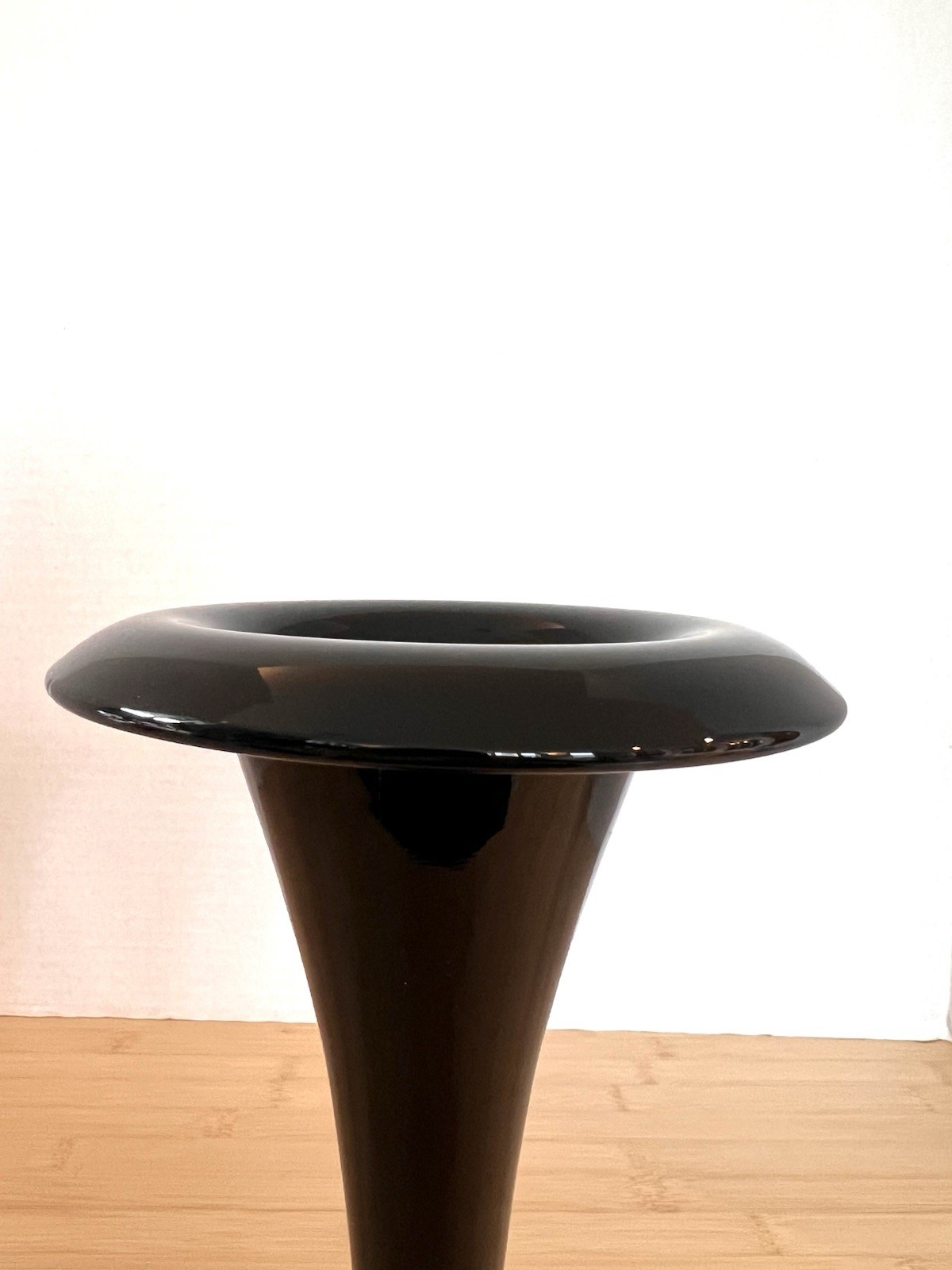 Vintage Black Amethyst Trumpet Vase Art Deco Ebony Rolled Rim Elegant Glass 9”