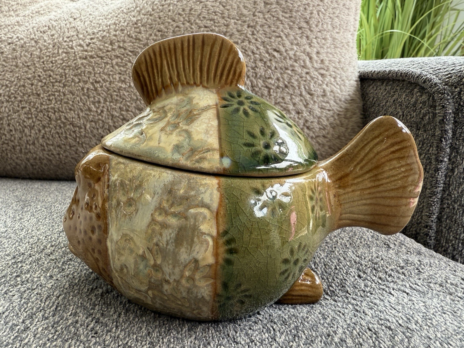 Pier 1 Glazed Ceramic Stoneware Puffer Fish Trinket Jar W/ Lid Earth Tones
