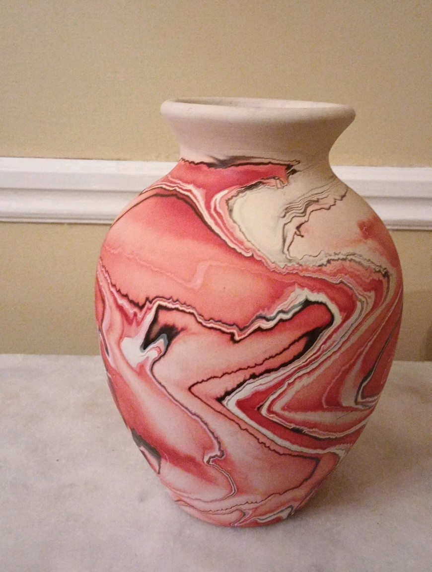 Nemadji Pottery Swirl Vase Approx 8″ Tall Multi Color Red Swirls READ