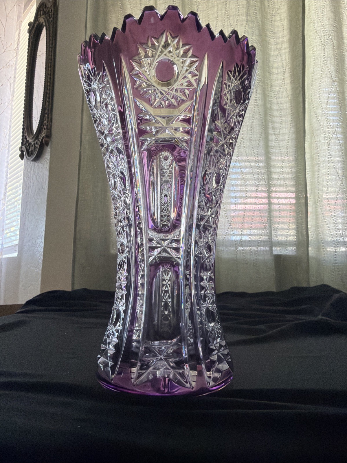 Vintage Czech Bohemian Vase Amethyst Cut To Clear Jagged Glass Art Deco 8in