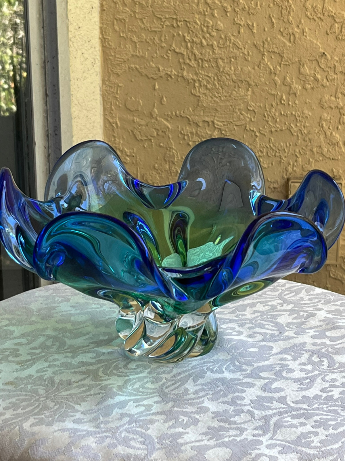 RARE BLUE GREEN CLEAR HANDBLOWN ART GLASS 5.5″ X 9.5″ INCHES