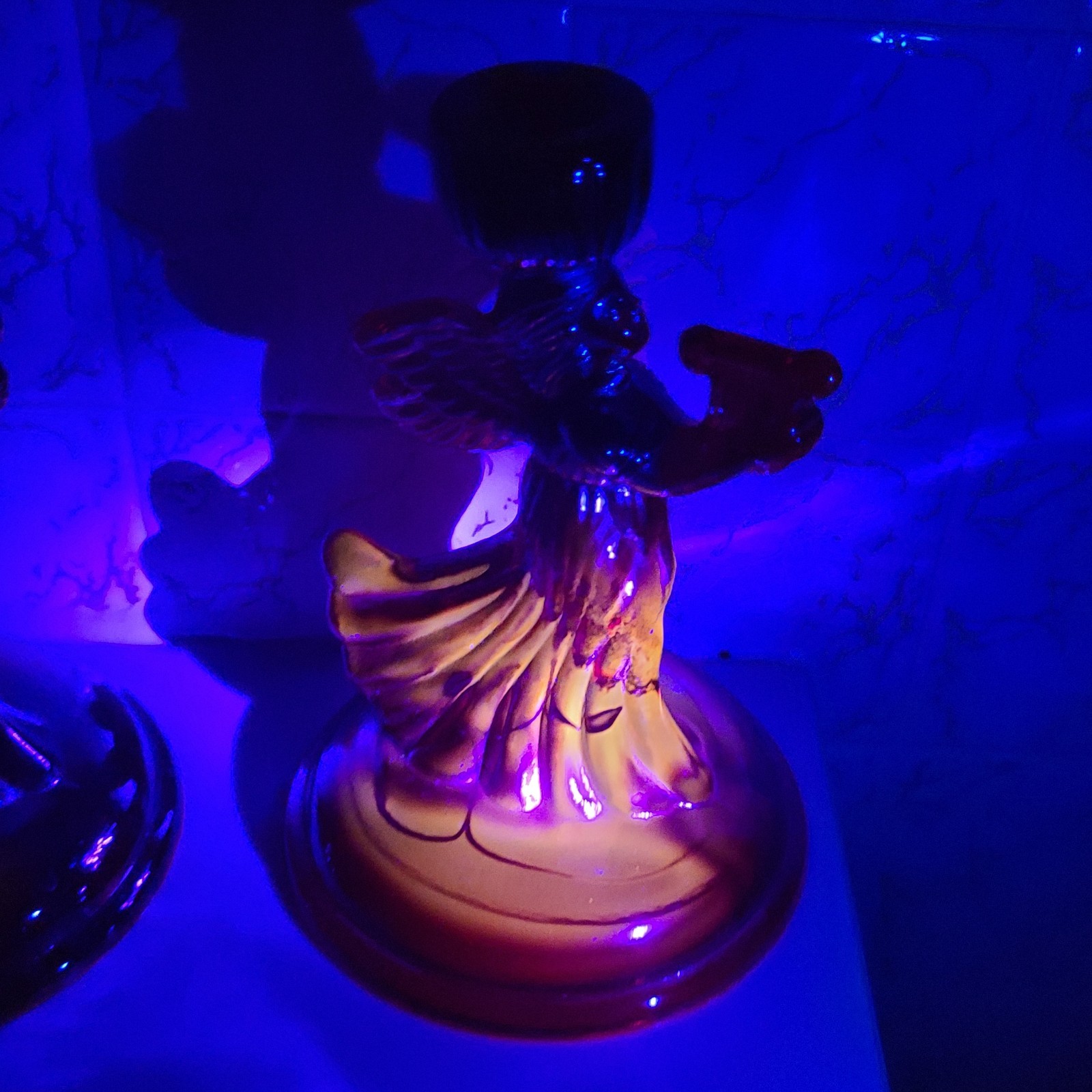 Pair Of Red Carnival Glass Angel Candle Holders Glows Orange Under Blacklight