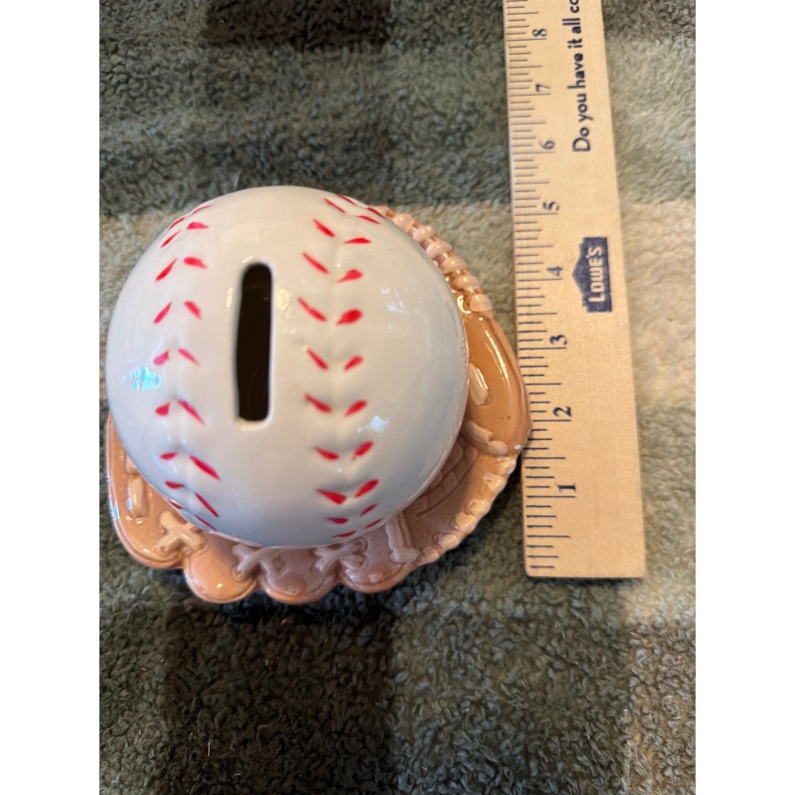 Ceramic Baseball and Glove Piggy Bank White Tan Red Sports Nursery Decor 4 Inch