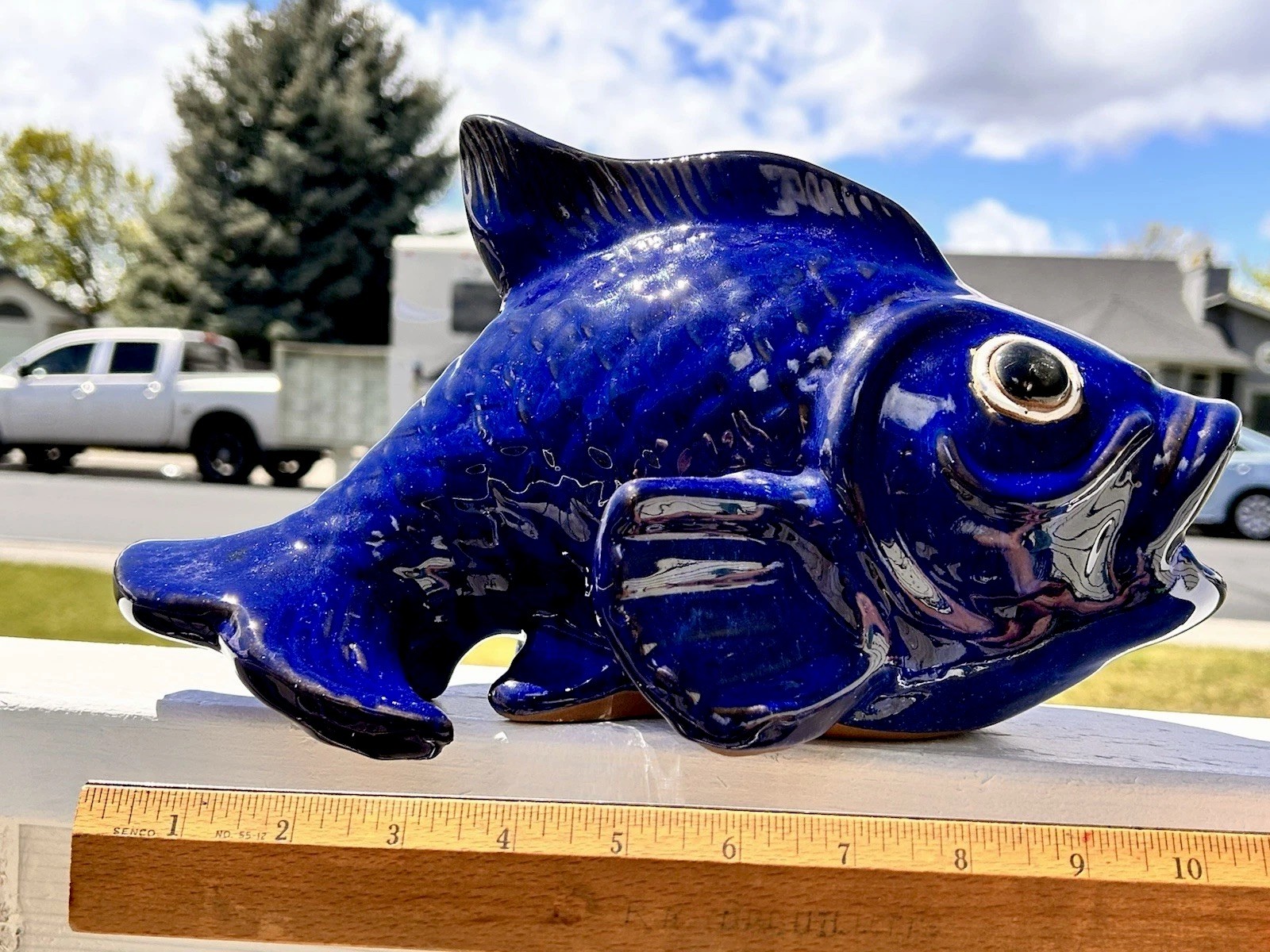 Art Pottery Cobalt Blue Fish Koi Sculpture Garden Decor World Market Approx 12”L