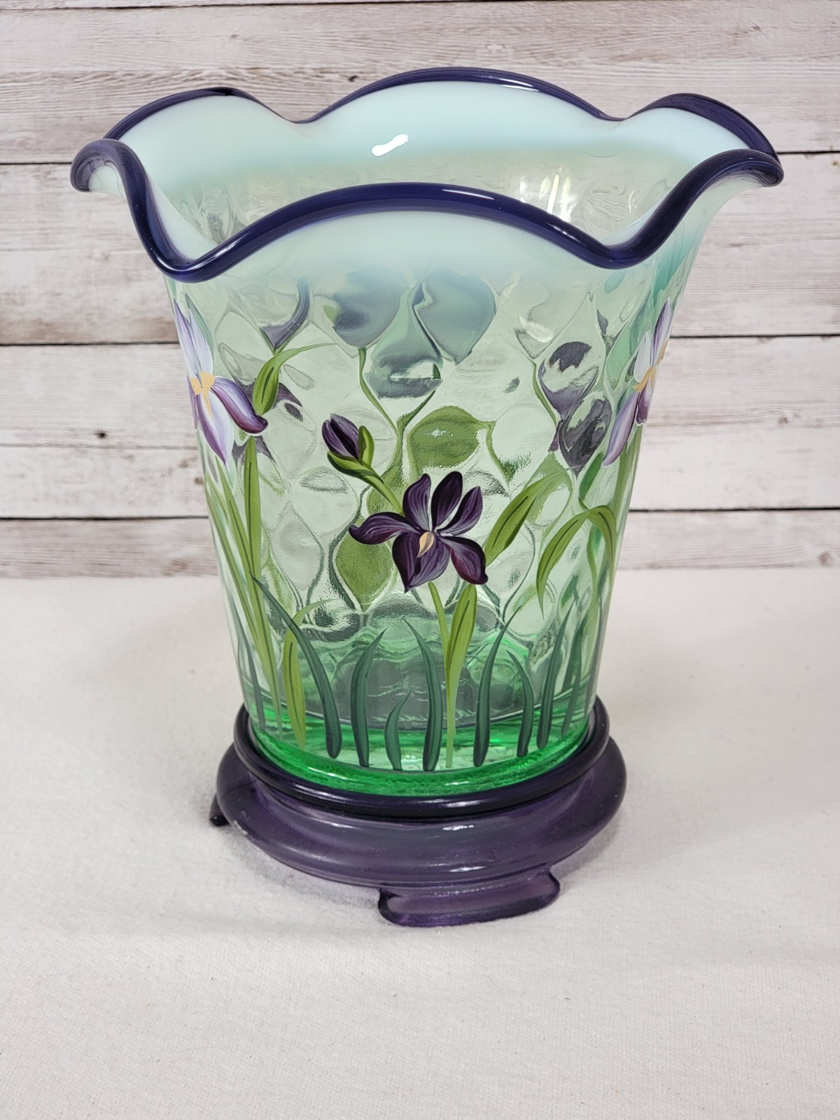 Fenton Designer Showcase Iris Vase Green Opalescent Martha Reynolds Stand 1 FLAW