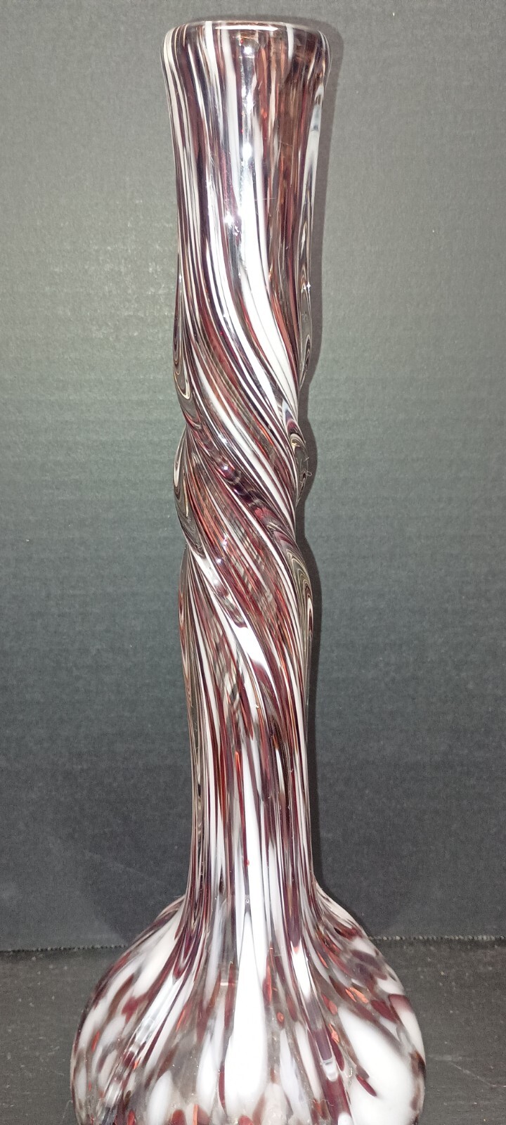 Vintage Blown Art Glass Murrhina Twisted Stretch Vase Crimson White & Clear 14″