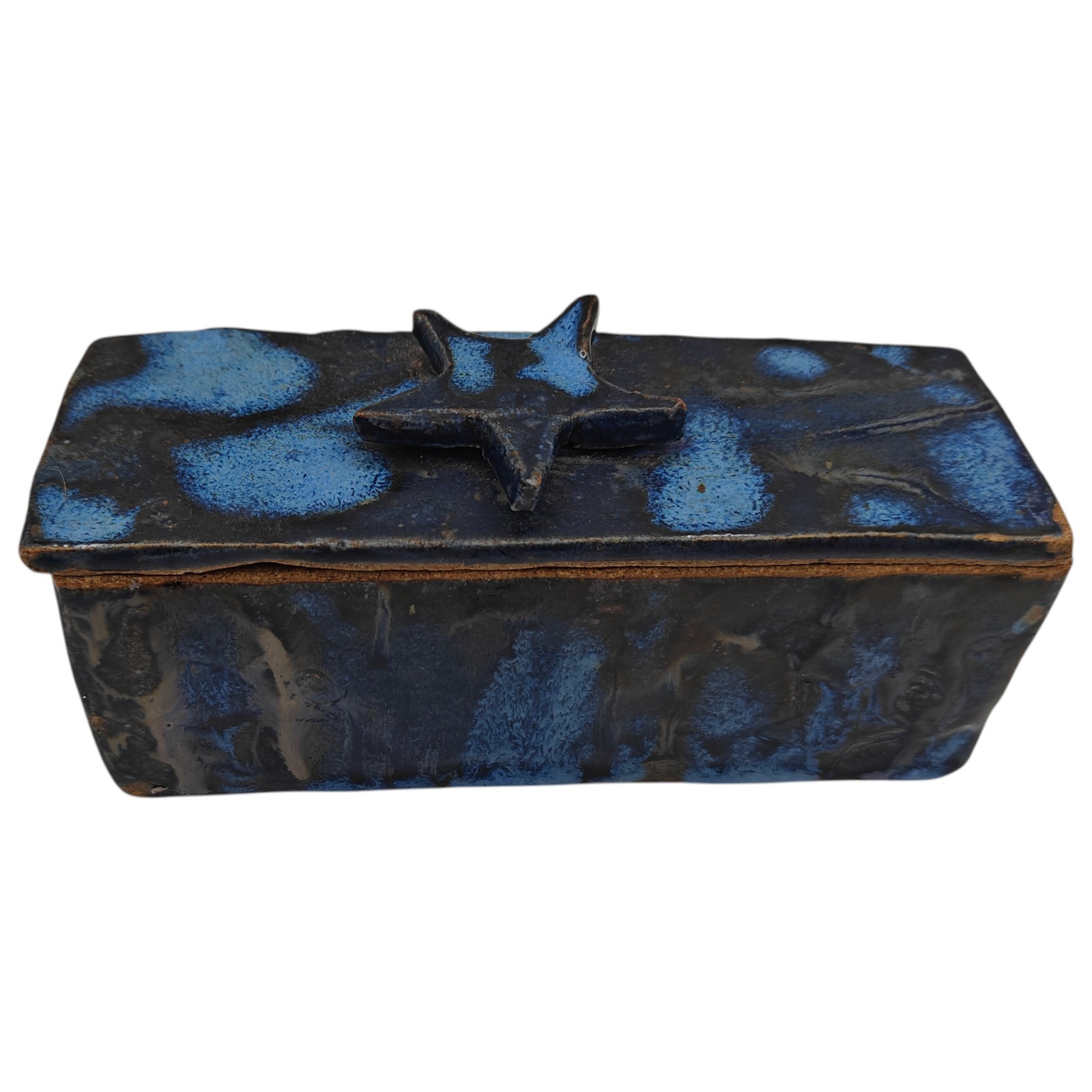 Studio Art Pottery Lidded Trinket Box Cobalt Blue Stars Signed