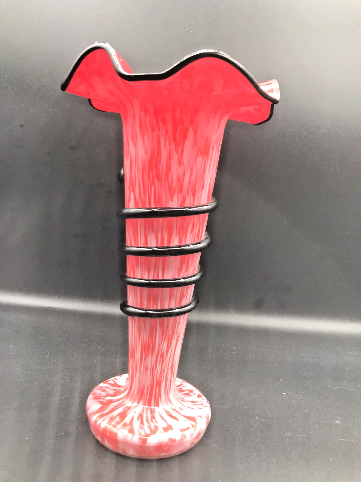 Stunning VTG Czechoslovkia Red/Tangerine & White Glass with Black Wrapped Snake