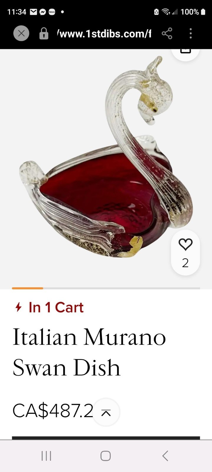 SALE Vtg Gorgeous MCM Murano Hand Blown Glass Swan Red, Clear and Gold. Italy