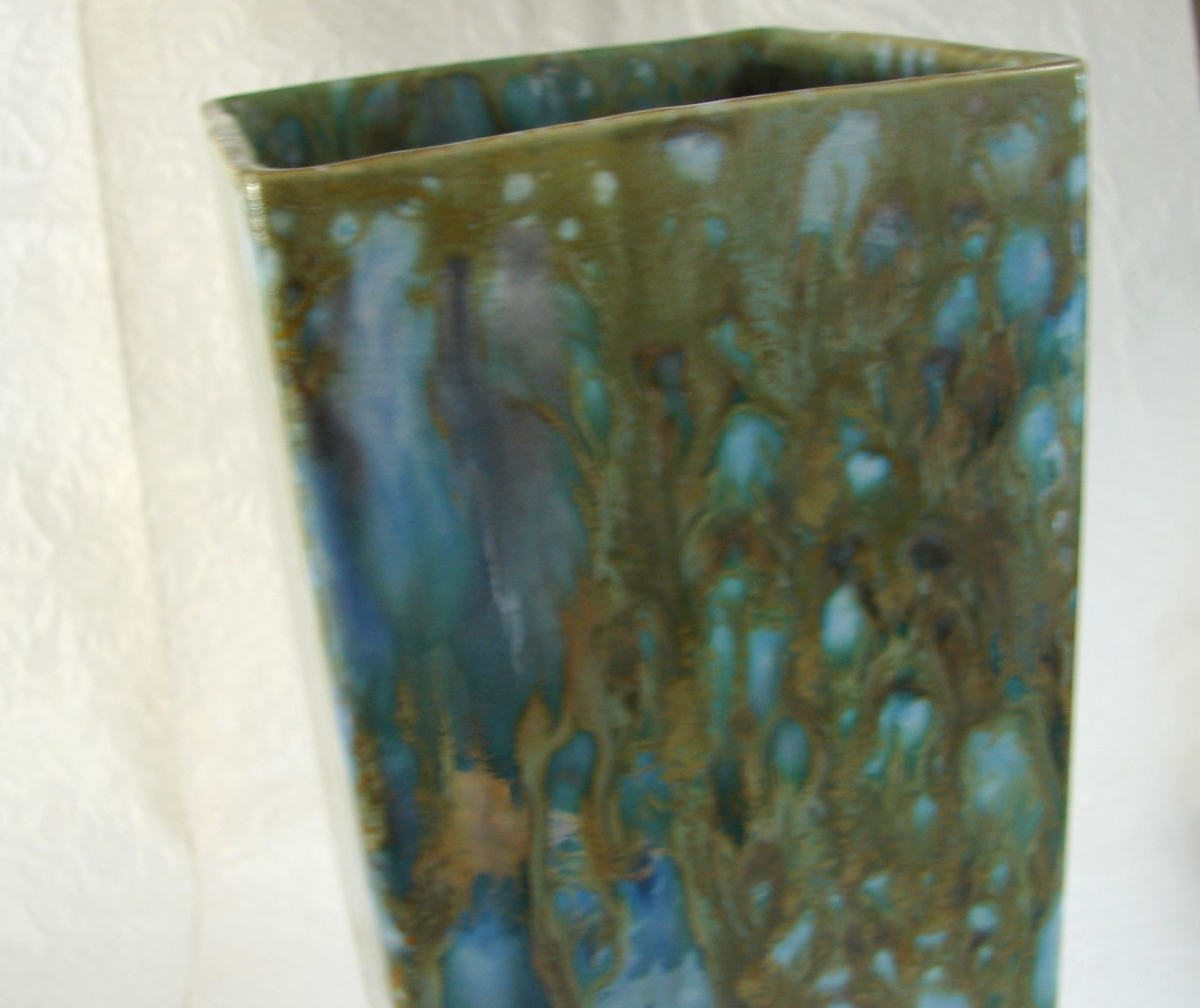 Vtg Monterey Jade Blue/Green Drip Glaze Square VASE, California Pottery MCM MJ3