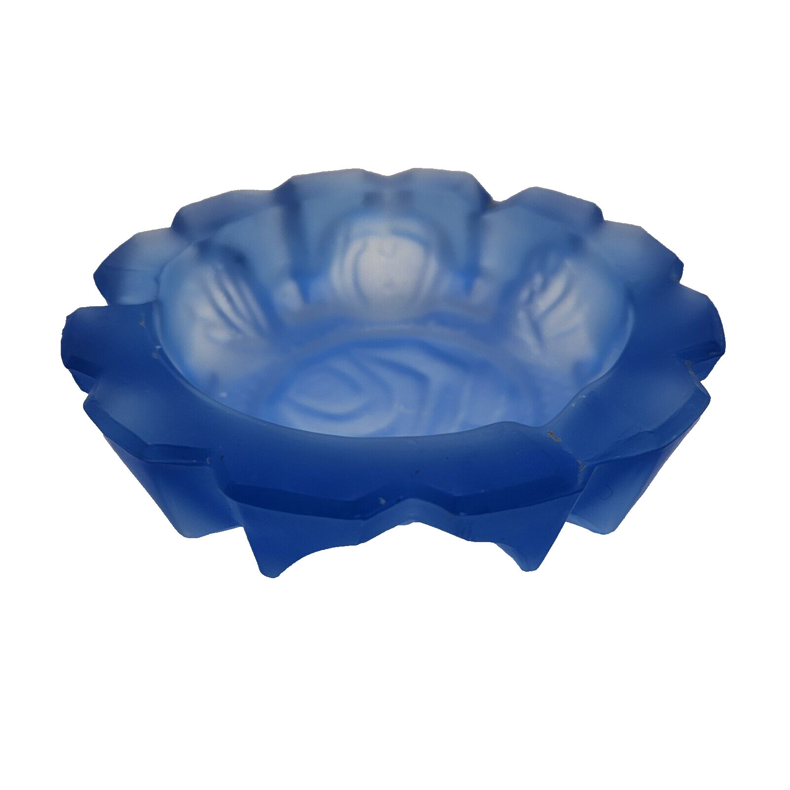 Powder Blue Glass Ashtray Embossed Roses Satin Finish 5″ Diameter MCM Vintage