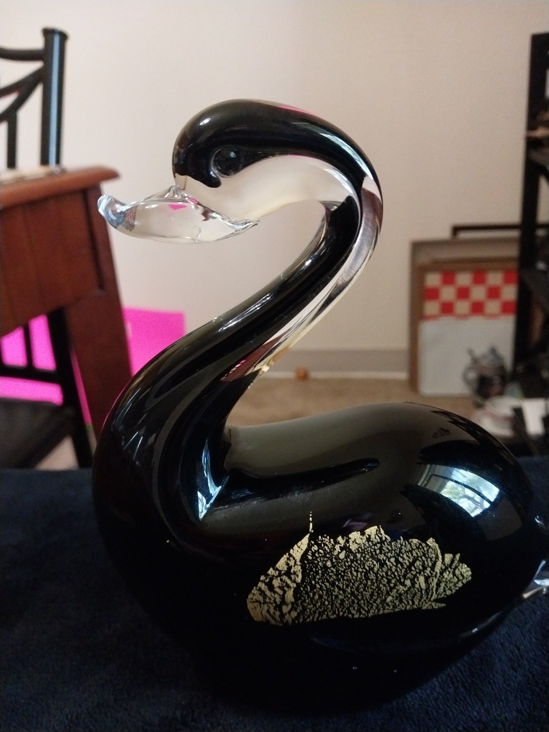 Vintage Murano Art Glass Swan Duck Black And Clear and Gold MCM