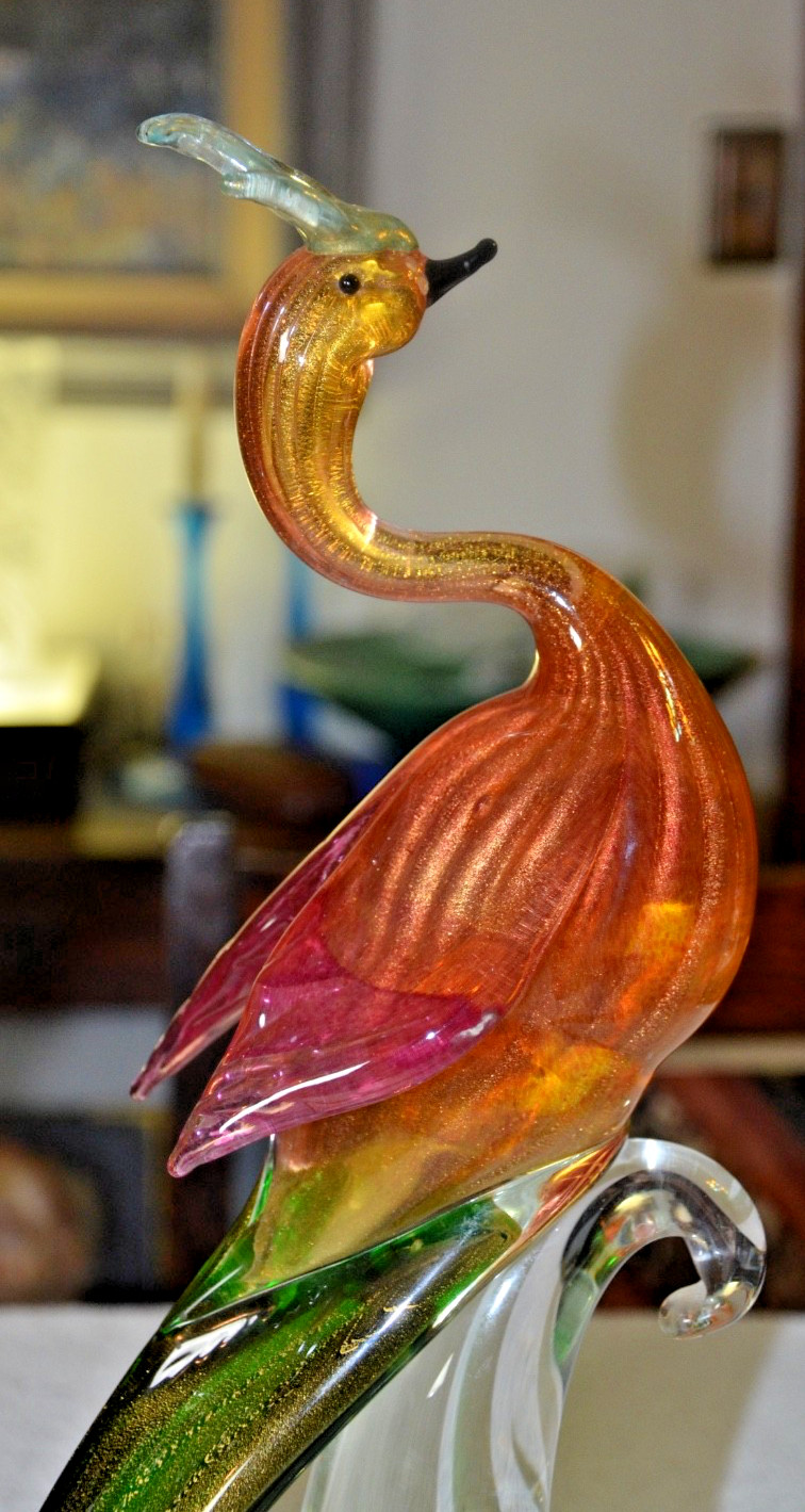 c1950s Pair 17” MURANO Birds Of Paradise/Peacocks Green Red & Aventurine Gold