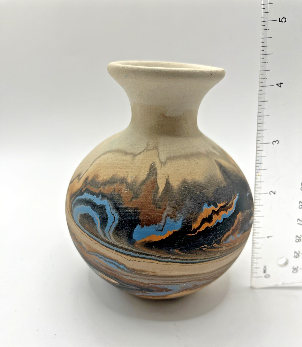 Nemadji Pottery Vase 4.5″ tall Black Blue Coral & Brown Swirl Made in USA