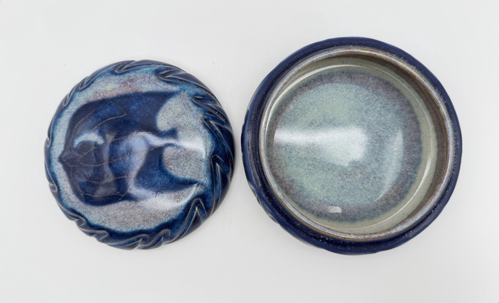 Studio Art Pottery Blue Glazed Lidded Trinket Box with Fish 4.5” Signed Susan