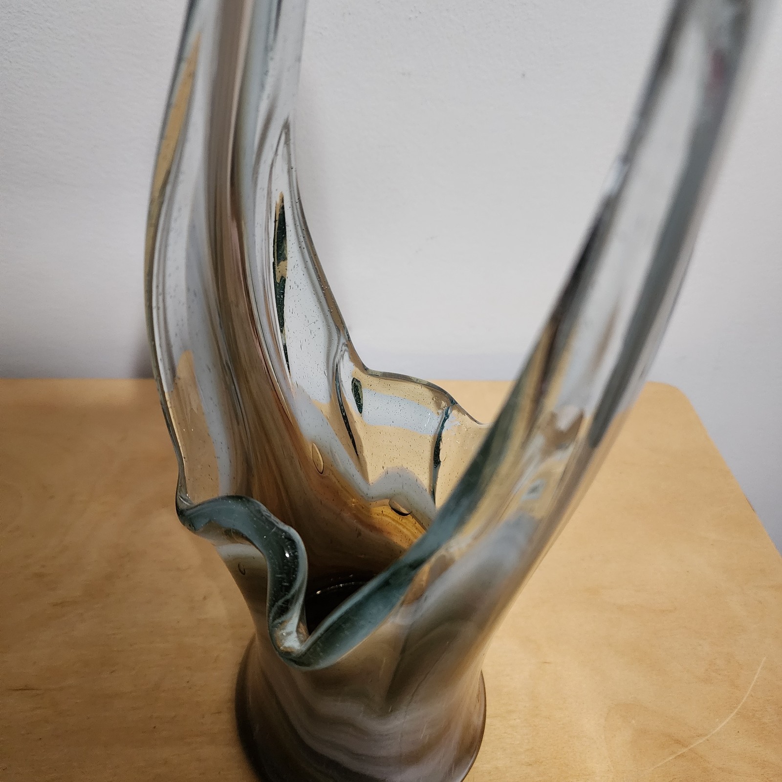 Vintage MCM Hand Blown Pulled Art Glass Basket Vase Swirl Pontil Chalet Murano