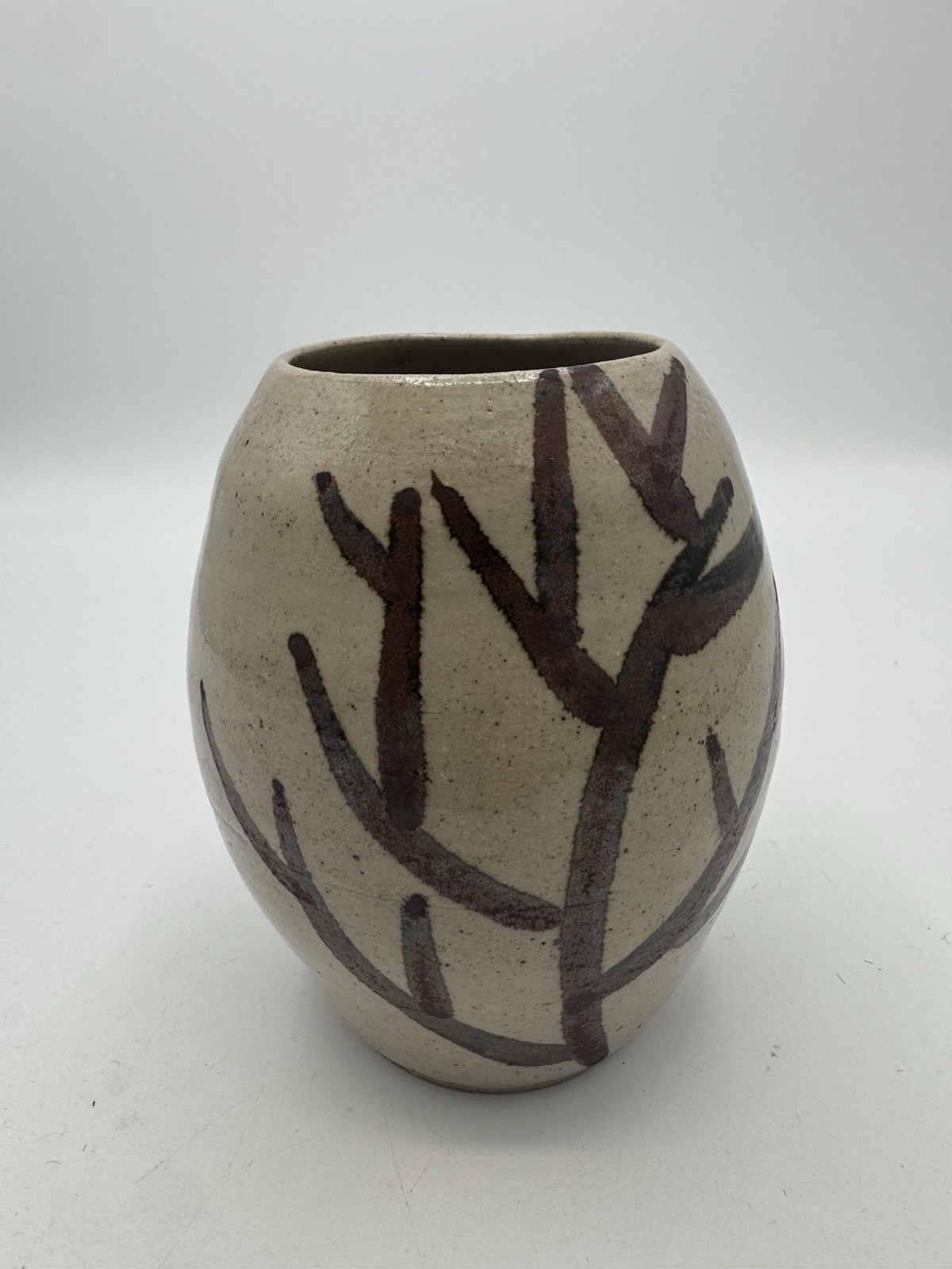 Signed Studio Pottery Vase Tree Motif Hand Thrown Stoneware Rustic Woodland 4.5″