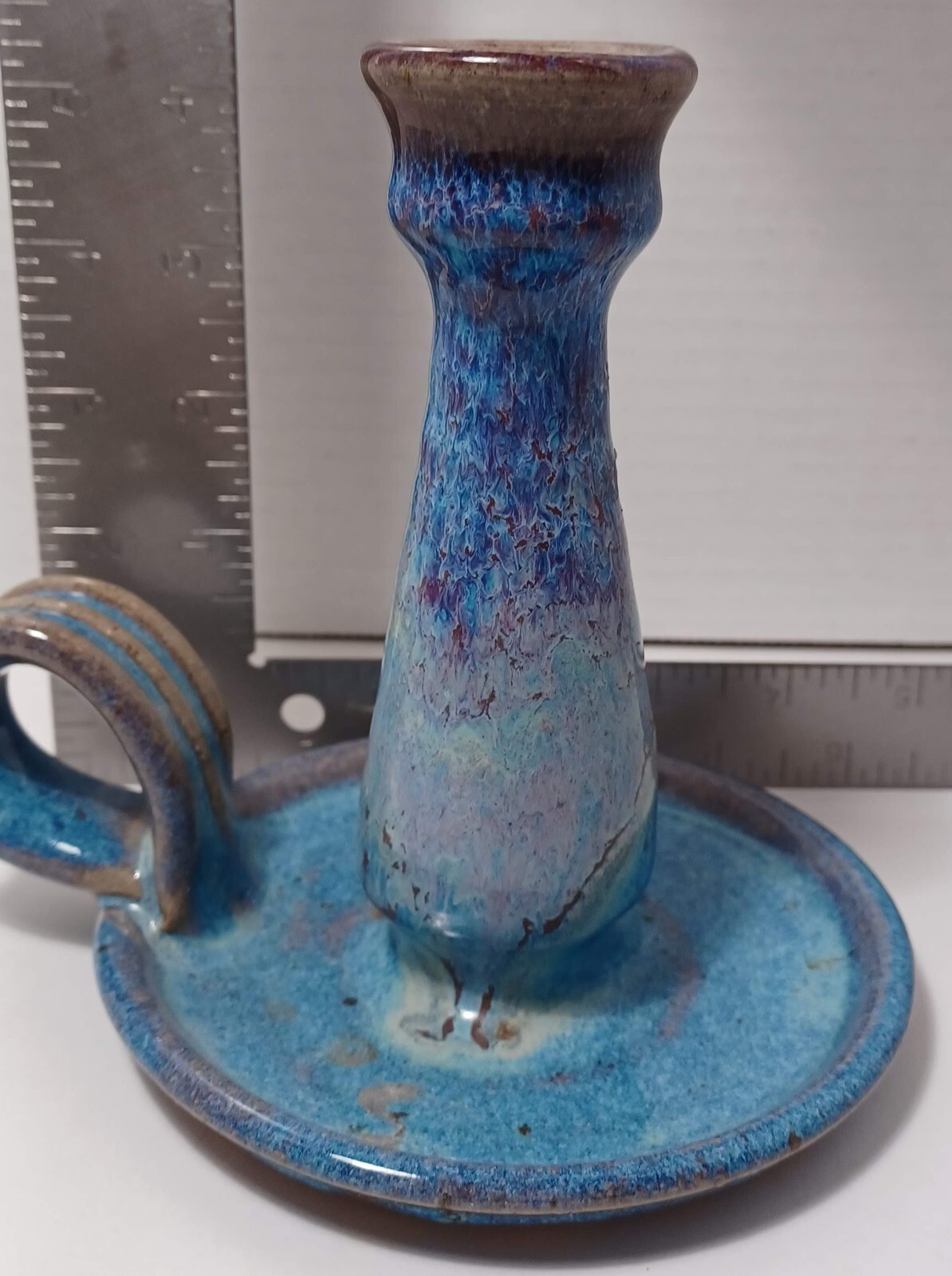 OA Signed Ceramic Clay Candleholder Gallery Studio Fine Art Blue Drip Glaze