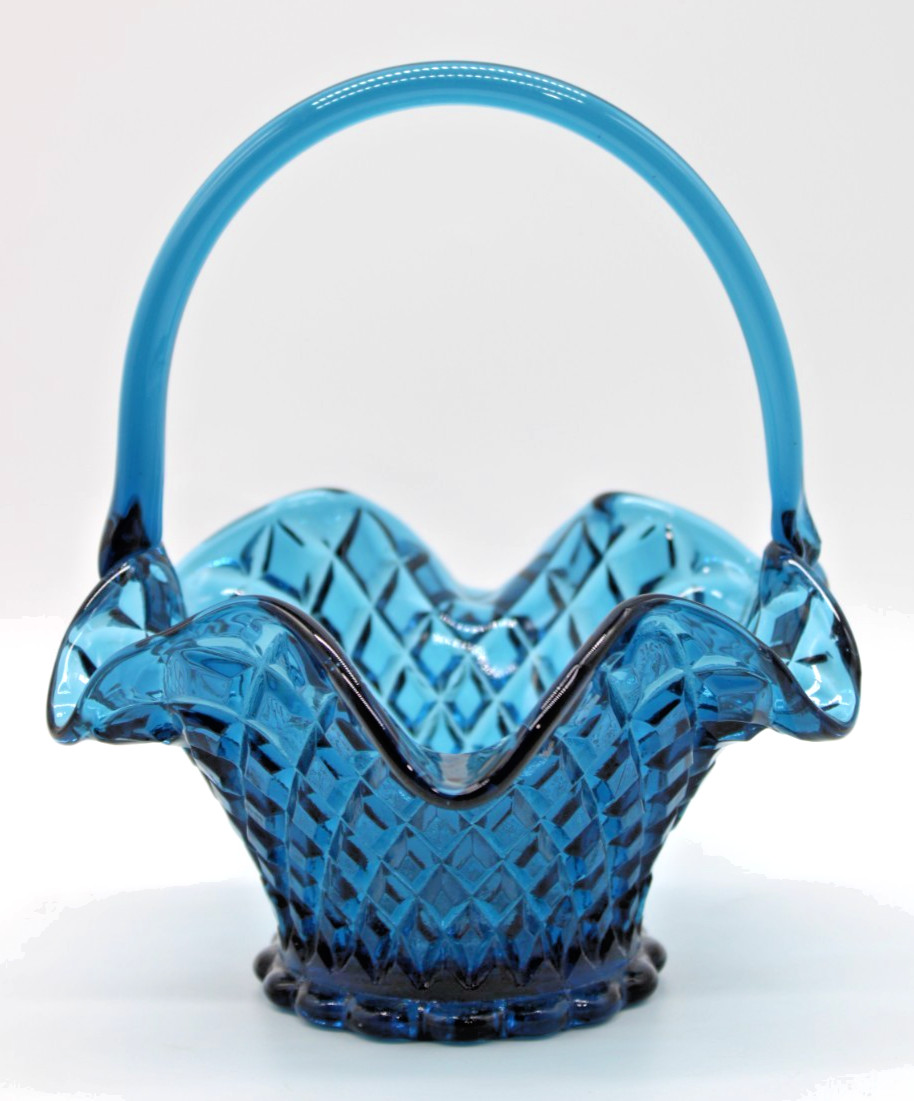 Vintage Indiana Glass Basket Horizon Blue Ruffled with Handle Tiara Line Diamond