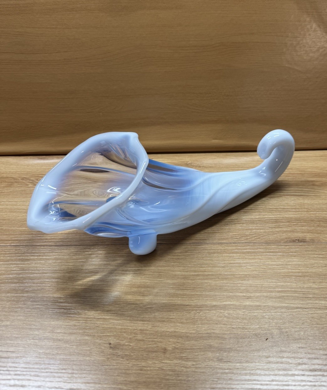Cornucopia flower vase ice-blue opalescent crystal art glass 12 1/2” Long READ