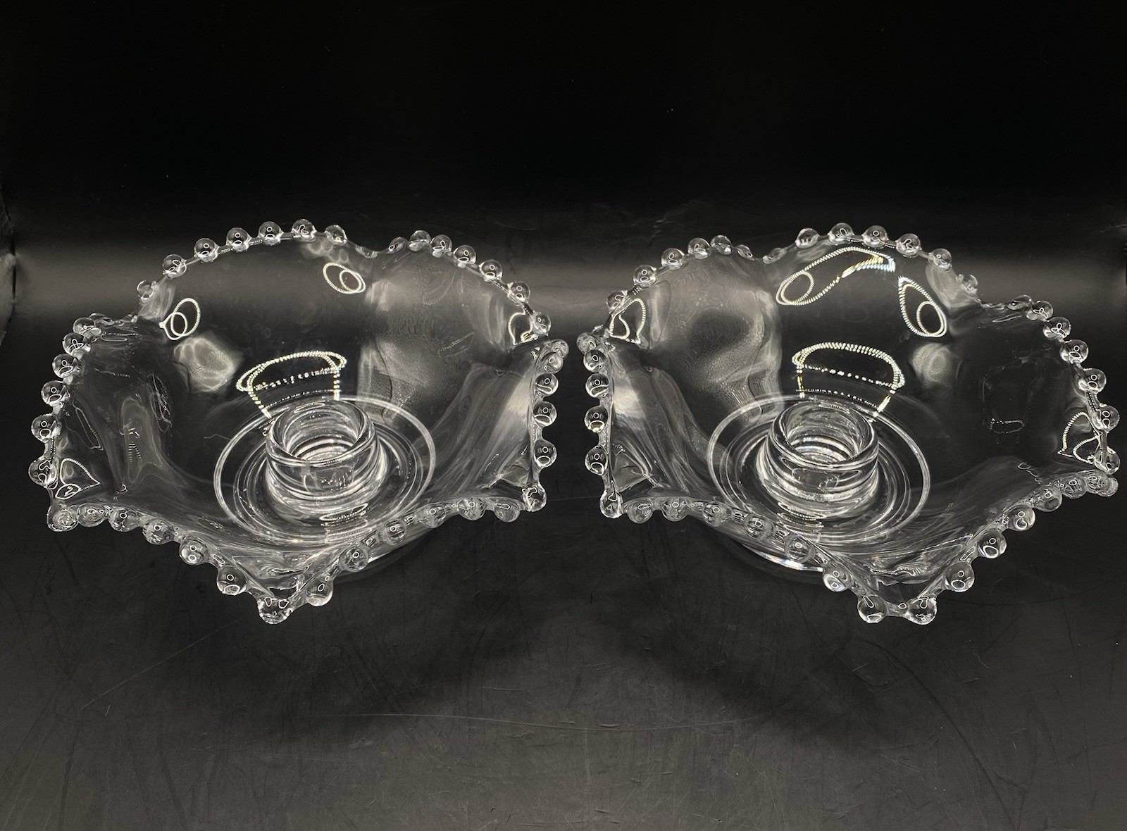 Set of 2 Imperial Glass Candlewick Ruffled Edge Candle Holders Clear Glass