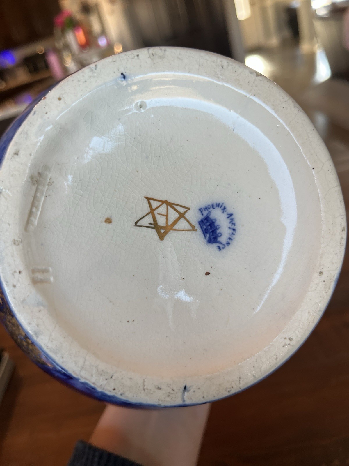Antique Phoenix Art Faience Forester Flow Blue Gold Nouveau Vase 1890