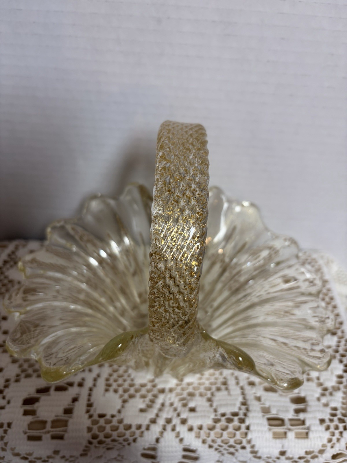 Vintage Murano Clear With Gold Flecks Italian Glass Basket With Twisted Handle