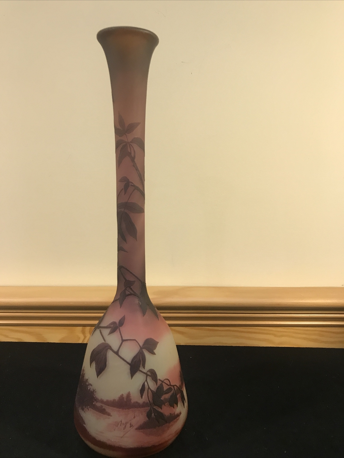 D’ARGENTAL French Acid Etched Cameo Glass Vase Saint Louis Lake Scene Leaves
