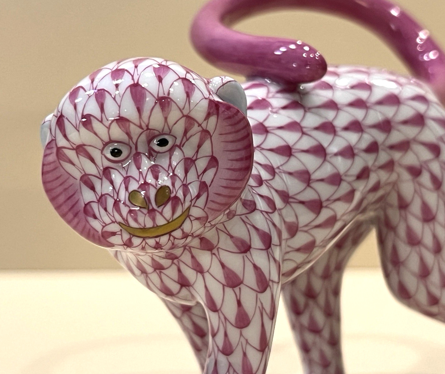 Herend Figurine Monkey Walking Raspberry Pink Fishnet
