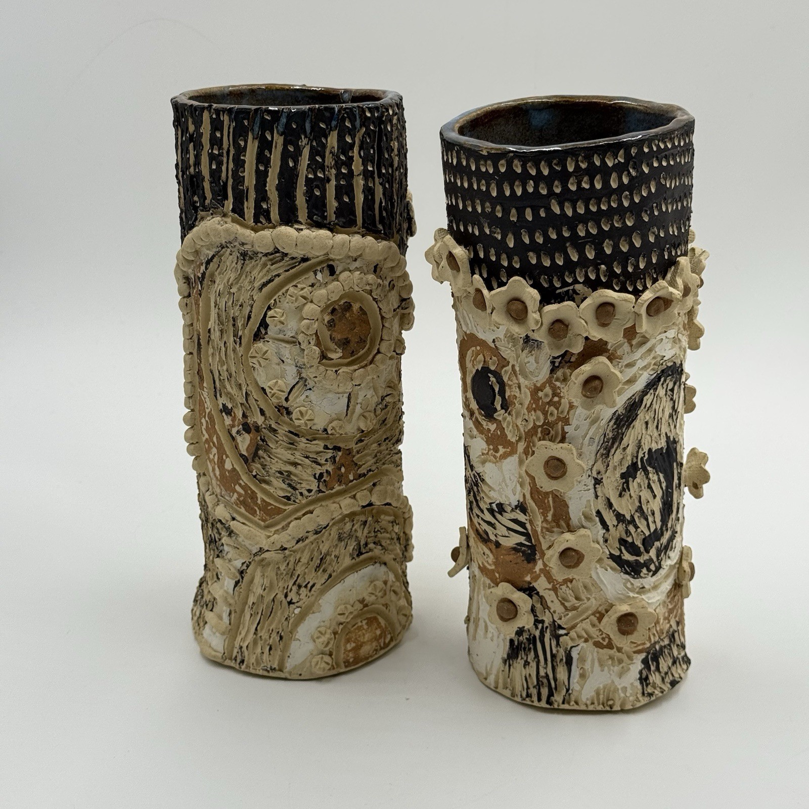 Art Pottery Unique Cylindrical Set Of 2 Vases Sgraffito Textured Floral Abstract