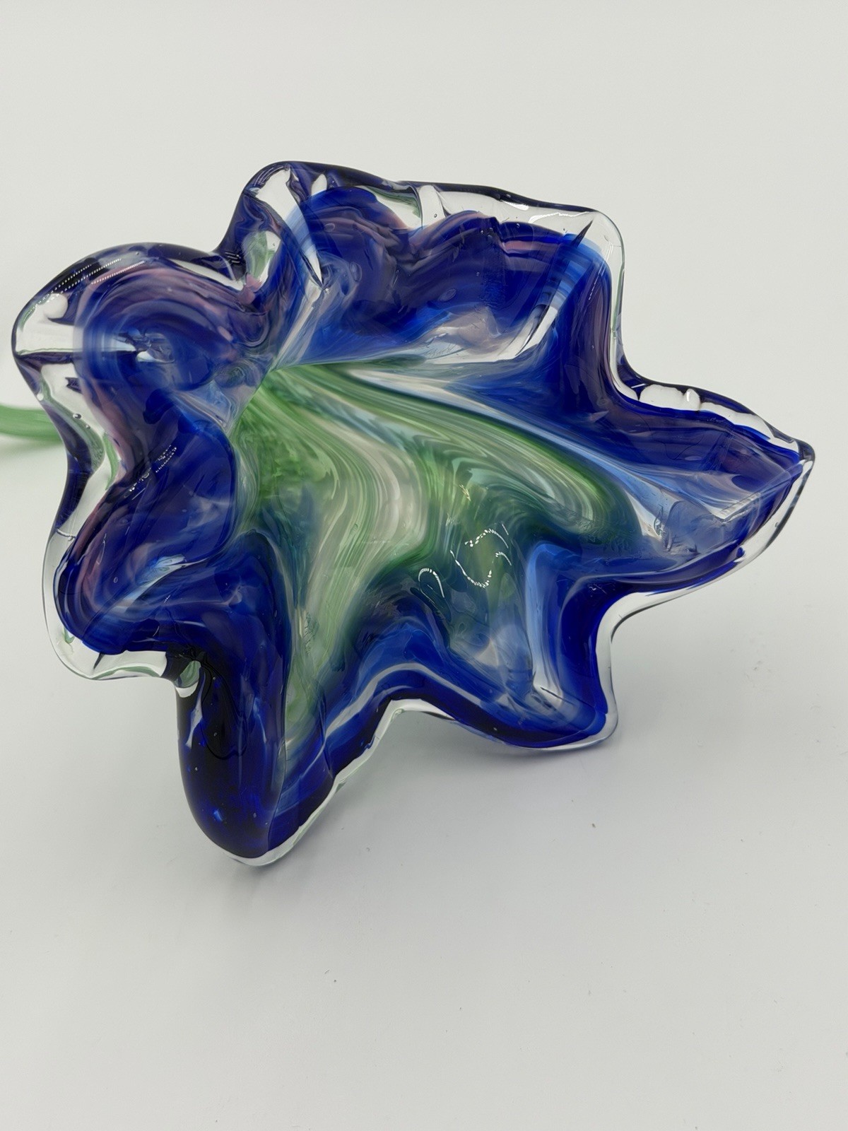 HAND BLOWN ART GLASS FLOWER BLOSSOM COBALT BLUE GREEN WHITE TURQUOISE