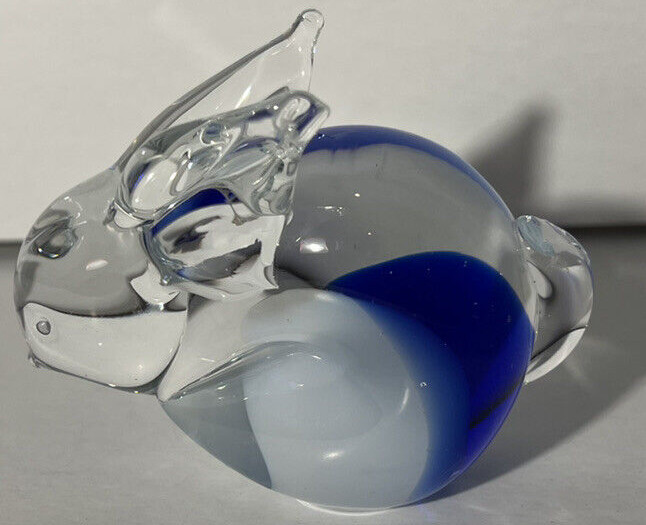 Glass Rabbit Paperweight Clear And Blue And White Bunny