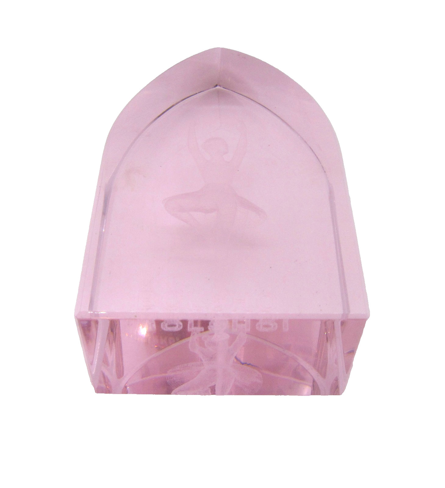 Vintage Pale Pink Glass engraved BOLSHOI ballerina dancer Paperweight 3 1/4″