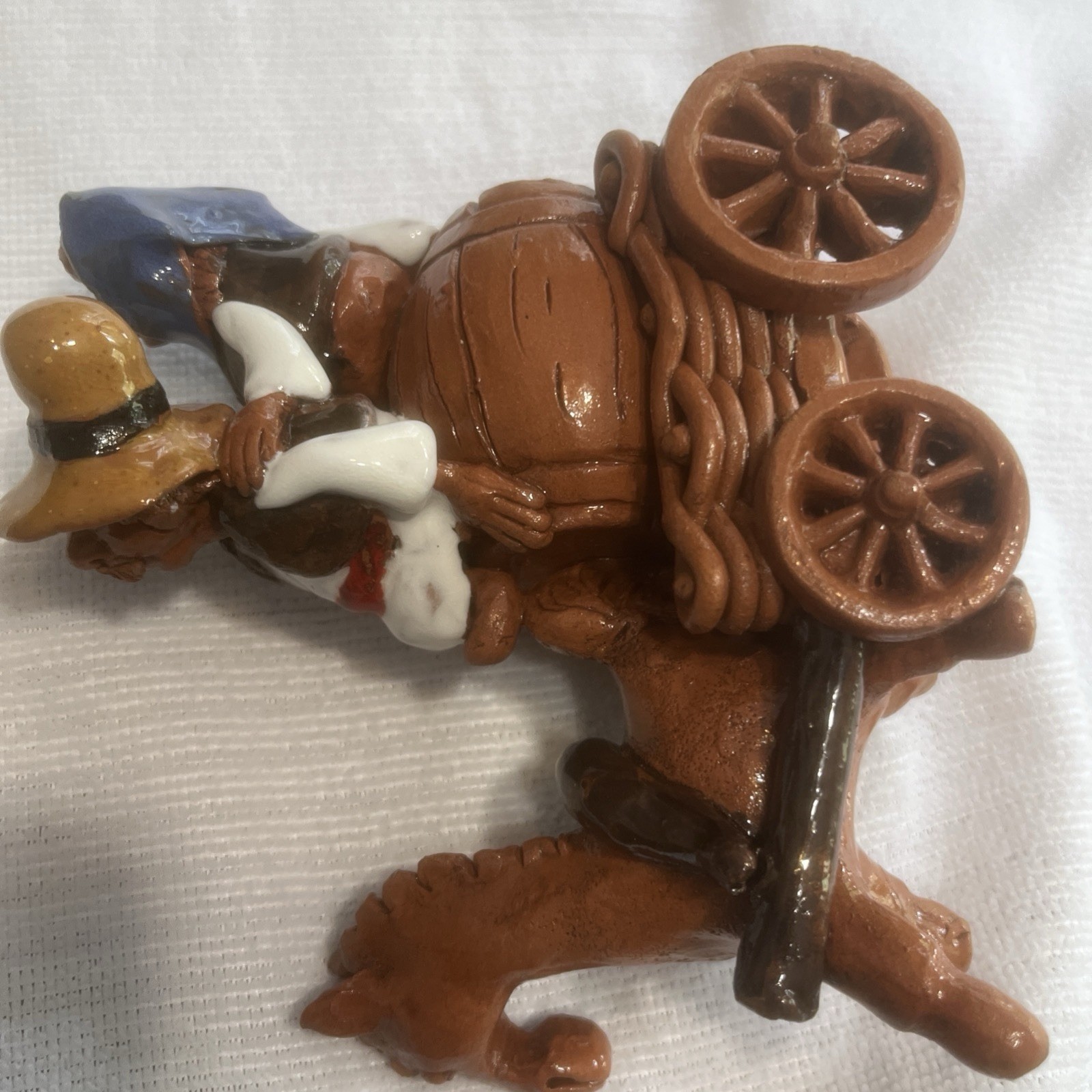 Clay Pottery Ceramic Figurine Man Pulling a Barrel wagon elderly man & women